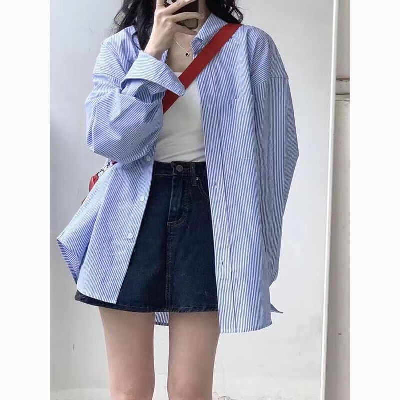 Striped Boyfriend Long-Sleeve Shirt Blue Summer New Style Loose Casual Versatile Mid-Length Shirt Jacket in Stock Striped Boyfriend Long-Sleeve Shirt Blue Summer New Style Loose Casual Versatile Mid-Length Shirt Jacket in Stock