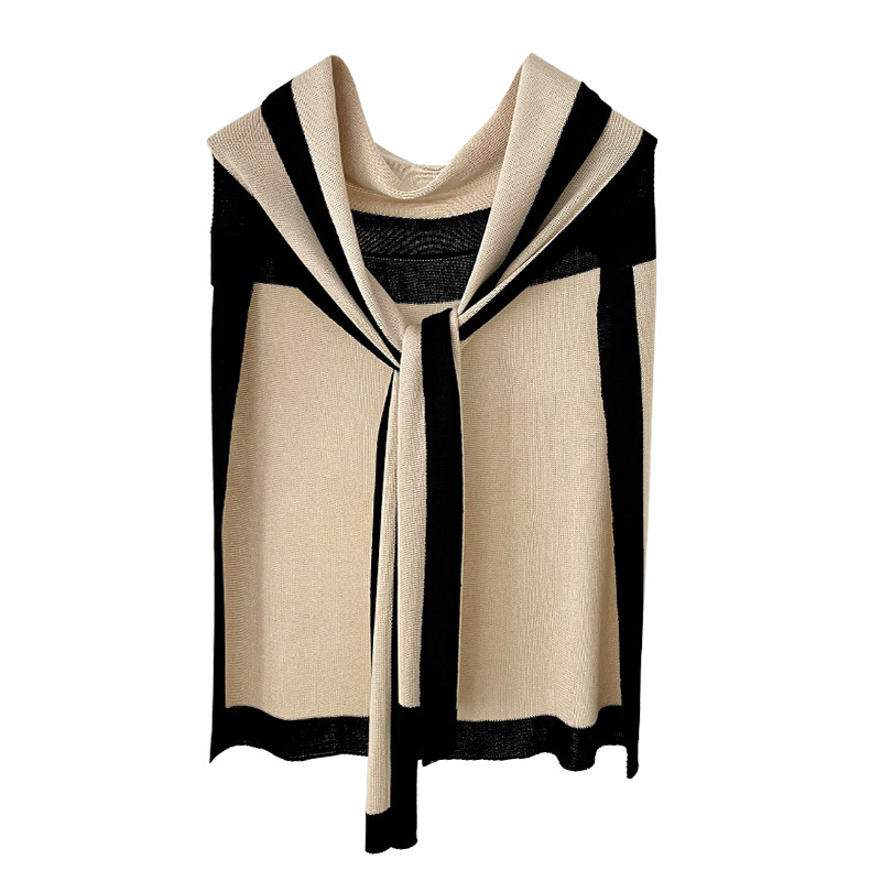 Mantón de protección solar de punto para mujer primavera y verano habitación con aire acondicionado moda Navy estilo costura contraste color desgaste exterior pequeño chal collar falso