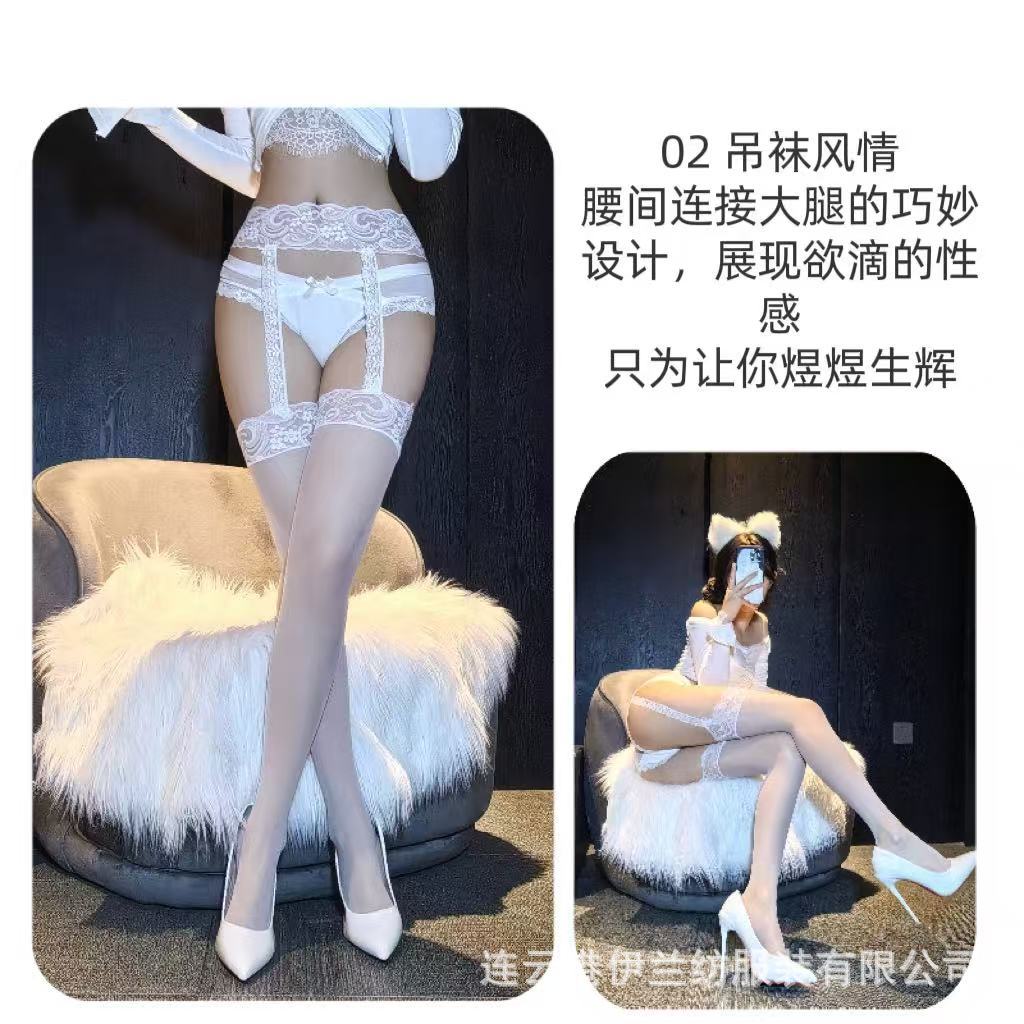 Silk-Feel Lace Strap Stockings Ultra-thin Sheer Open-Crotch Pantyhose, White Garter Style, One Size — detail image 7