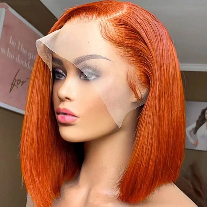 Front Lace Bob Wig Orange Short Straight Lace Head Cover 13*4 Wave Head Wig Lace Wig