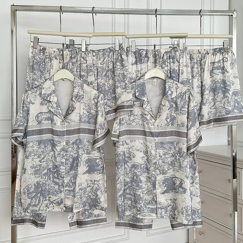 丛林情侣轻奢三件套睡衣早春季冰丝丝绸短袖舒适家居服套装