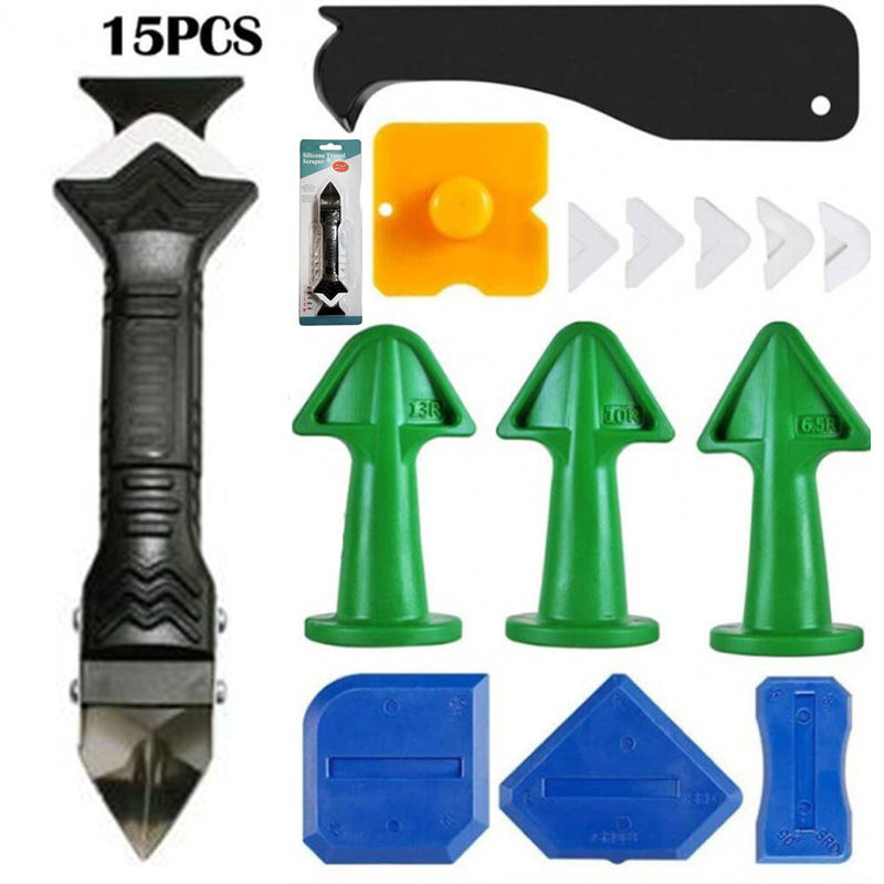 Blister boquilla de silicona de 15 piezas aplicar 3-en-1 metal raspador sello calafateo belleza herramienta conjunta