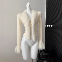 2025实拍秋季新款女式休闲针织毛衣感气质V领系带毛毛开衫上衣