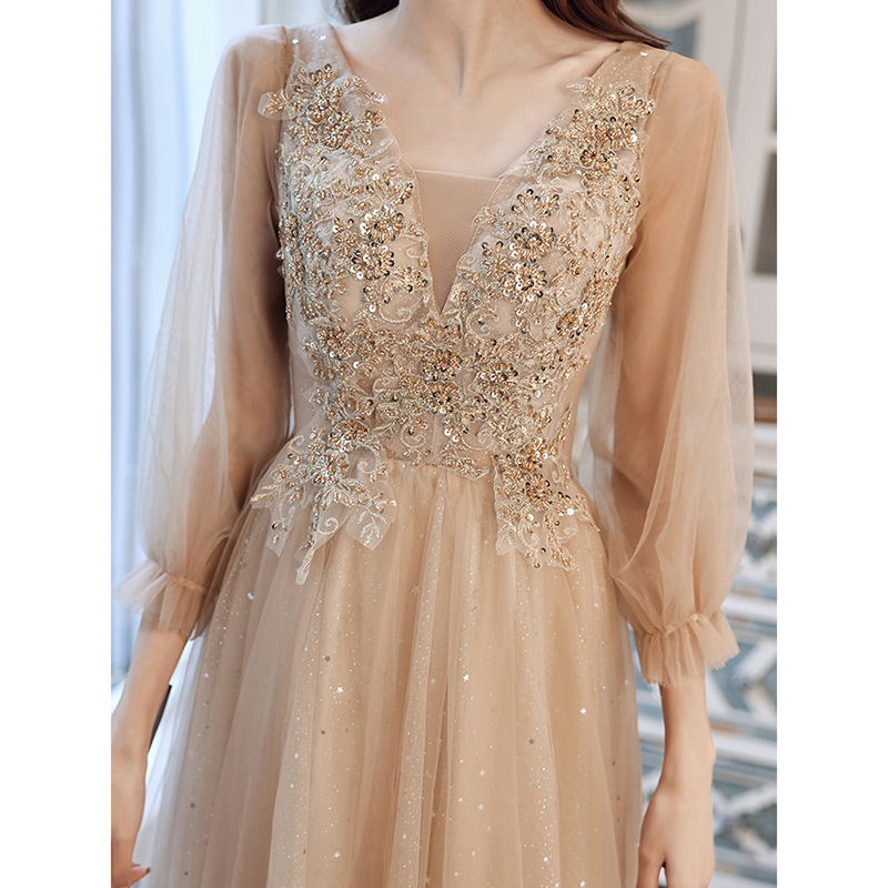 Banquete vestido de noche de manga larga luz de lujo nicho arte examen de graduación pasarela espectáculo traje de hadas temperamento Reunión Anual vestido de anfitrión