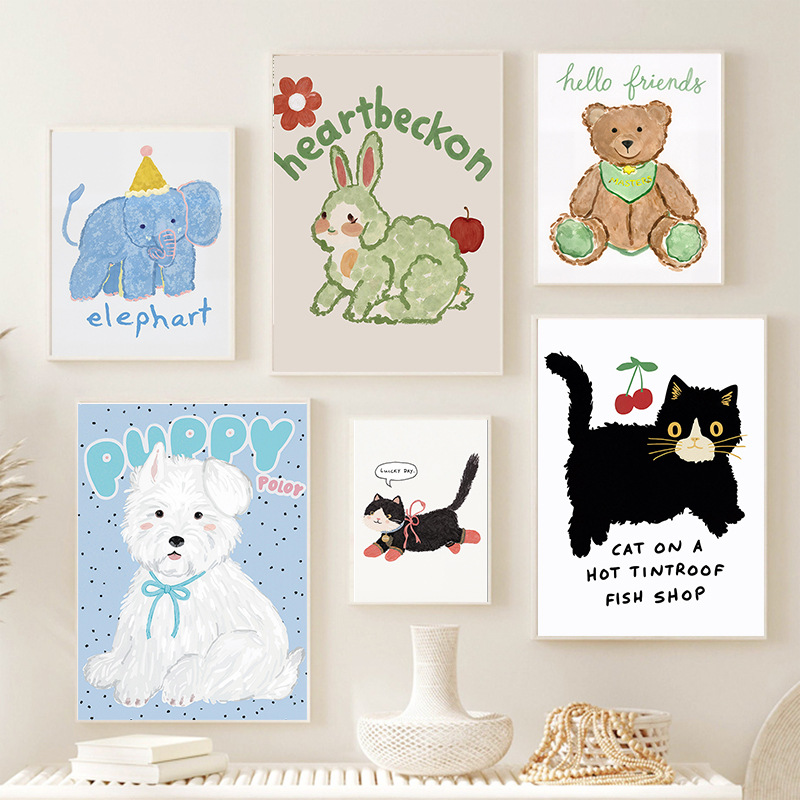 Children's Room Decorative Painting, Warm and Cozy Bedroom Wall Art for Boys and Girls, Nordic Cartoon Wall Art, Animal Illustration for Entryway