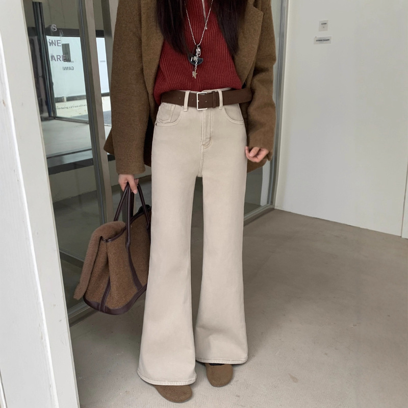 Customized Nanyou Latte Milk Tea Color Bootcut Jeans for Women, Medium High Waist Elastic Slimming Look Thickeneded Velvet Bootcut Pants Customized Nanyou Latte Milk Tea Color Bootcut Jeans for Women, Medium High Waist Elastic Slimming Look Thickeneded Velvet Bootcut Pants