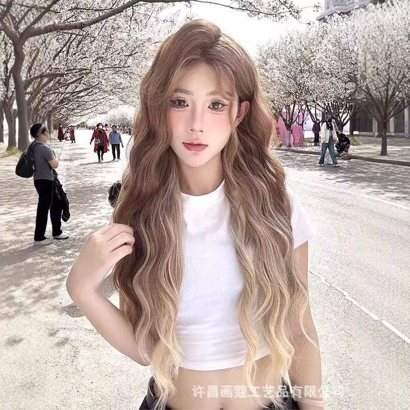 Painted Coco Wig Female [Yuqi Brother] Front Lace Highlighted Gradient Gold Water Ripple Long Curly Hair Simulation Full Headgear