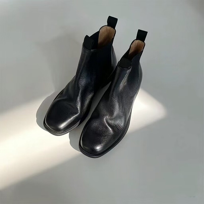 Cowhide Version ~ Round Head British Retro Pleated Chelsea Boots Women's Thick Heel Martin Boots Women's Short Boots