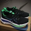 Black white background green purple label