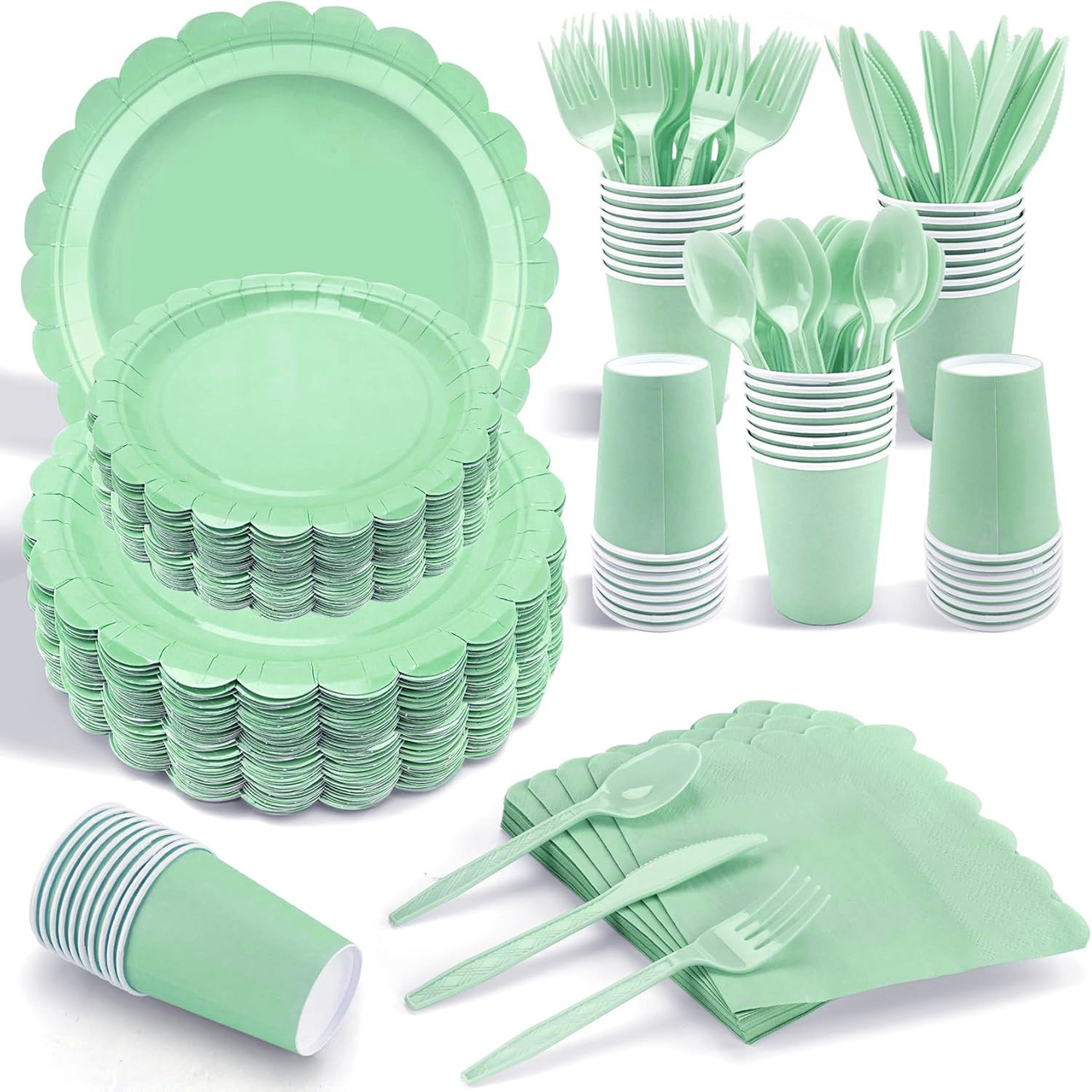 Cross-Border Pure Color Theme Light Green Plain Lace Paper Plate Tablecloth Disposable Tableware Decoration Supplies Set