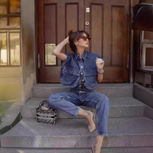 跨境女装批发2025纯色大口袋无袖高级感开衫Polo领牛仔衬衫上衣女