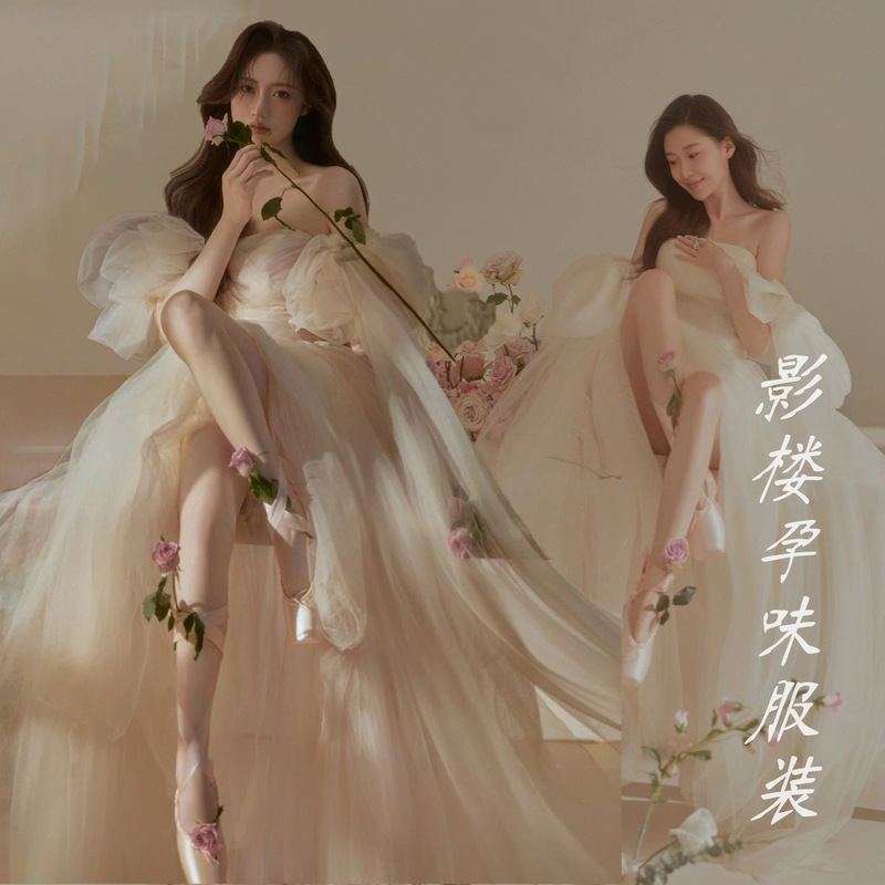 Photo Studio New Pregnant Women Photography Theme Clothing Pregnant Mother Big Belly Photography Beautiful Super Champagne Wedding Dress