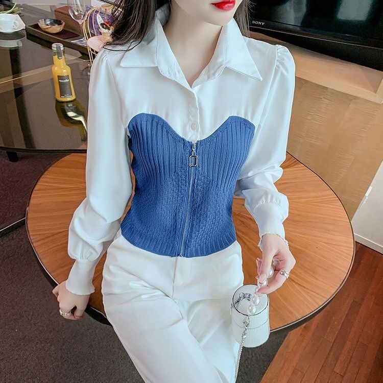 拼接短款衬衫女2025春秋新款假两件漂亮洋气小衫收腰短款别致上衣|undefined