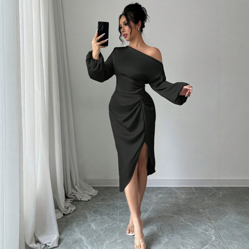 European and American New Style Diagonal Collar Off-Shoulder Long-Sleeve Dress with Waist-Cinching Pleats, Irregular Slit, Mid-Length Skirt, Elegant Evening Gown
