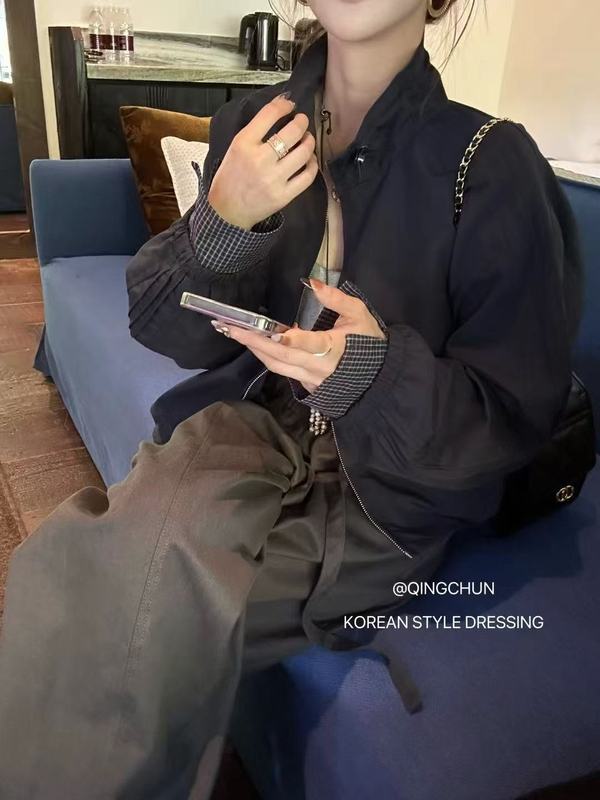 韩版拼接袖立领夹克百搭宽松休闲爆款外套女秋季棒球服上衣显瘦|undefined