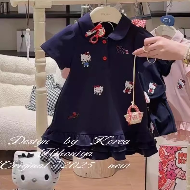 Xianning siete niñas cómodo vestido POLO verano nuevo bordado de gato vestido de princesa de estilo occidental de bebé femenino coreano