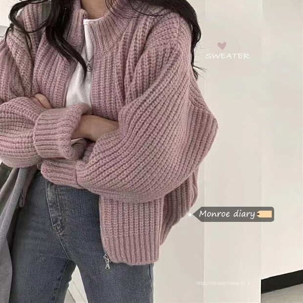 New autumn and winter Korean-style loose-fit knit cardigan for women, casual and versatile, short length, with a zipper and chunky yarn New autumn and winter Korean-style loose-fit knit cardigan for women, casual and versatile, short length, with a zipper and chunky yarn
