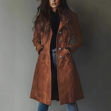 欧美跨境女装外套亚马逊秋季休闲气质优雅风衣仿皮绒保暖长款大衣