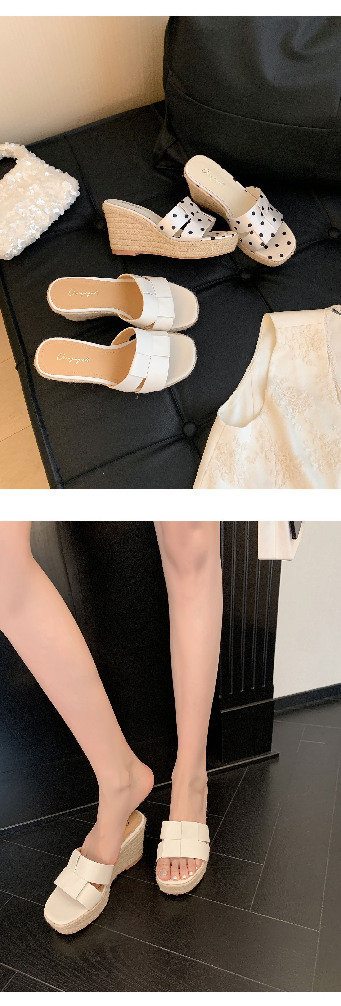 Dép sandal nữ xỏ ngón đế bệt hở mũi chấm bi phong cách lười — Da bò trắng, Satin trắng chi tiết 14