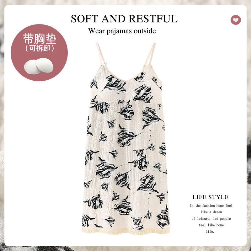 Camisón de verano con el cojín del pecho Correa chica burbuja algodón borla pijamas puro deseo viento sin mangas Delgado lindo homewear