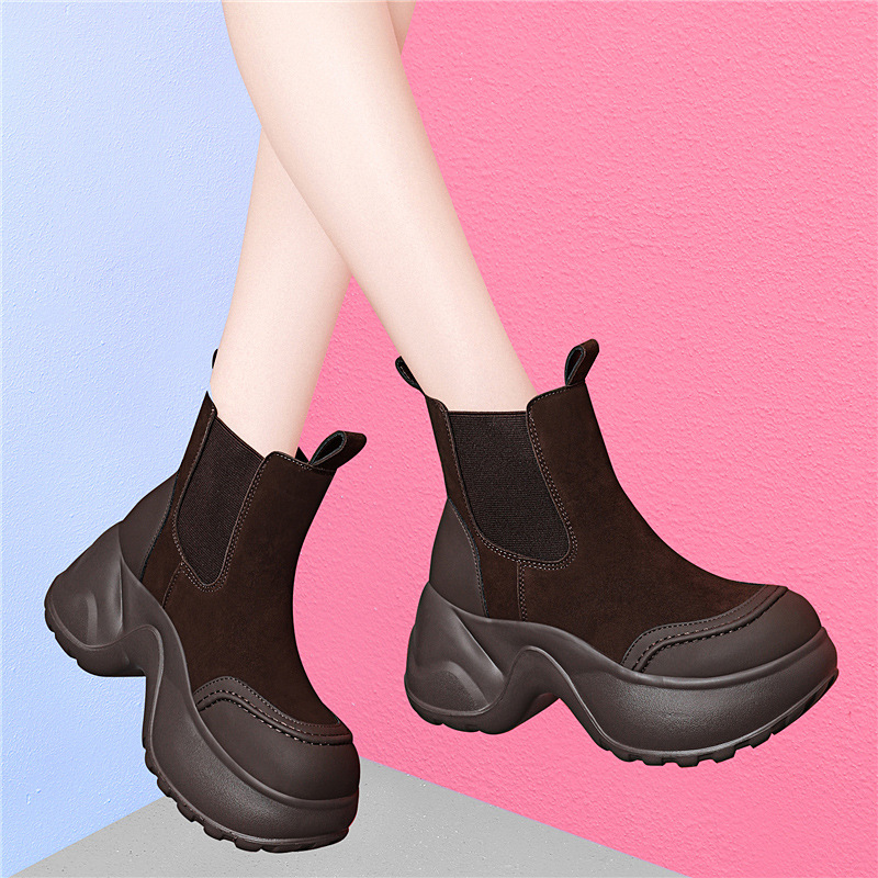 2025 Autumn Winter New Thick-Soled High-Heeled Chelsea Boots Versatile Height-Increasing Short Boots Patchwork Fleece-Lined Chimney Boots Cotton Shoes_vogvips.com