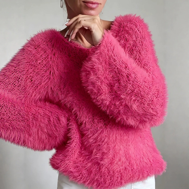 2026 Amazon Cross-Border European and American Women's Clothing Macaron-Colored Round-Neck Fluffy Design Solid Color Long-Sleeve Furry Top