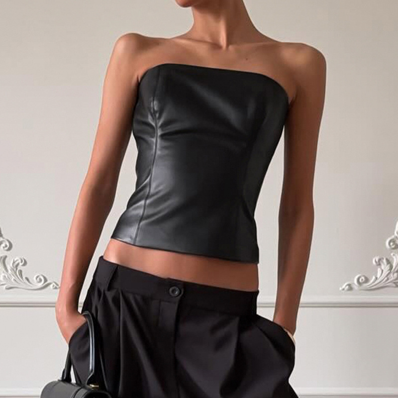 European and American sexy dark style one-shoulder slim-fit leather tube top street biker style PU bustier for women