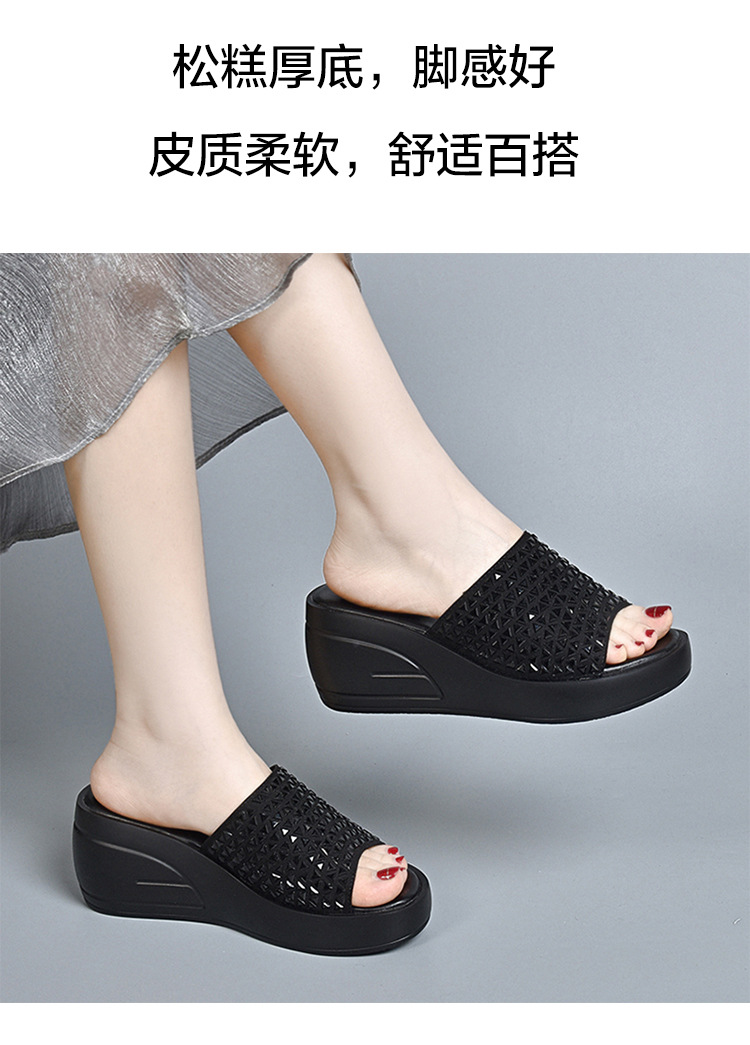 Dép sandal nữ đế xuồng đính đá tăng chiều cao — Màu đen chi tiết 3