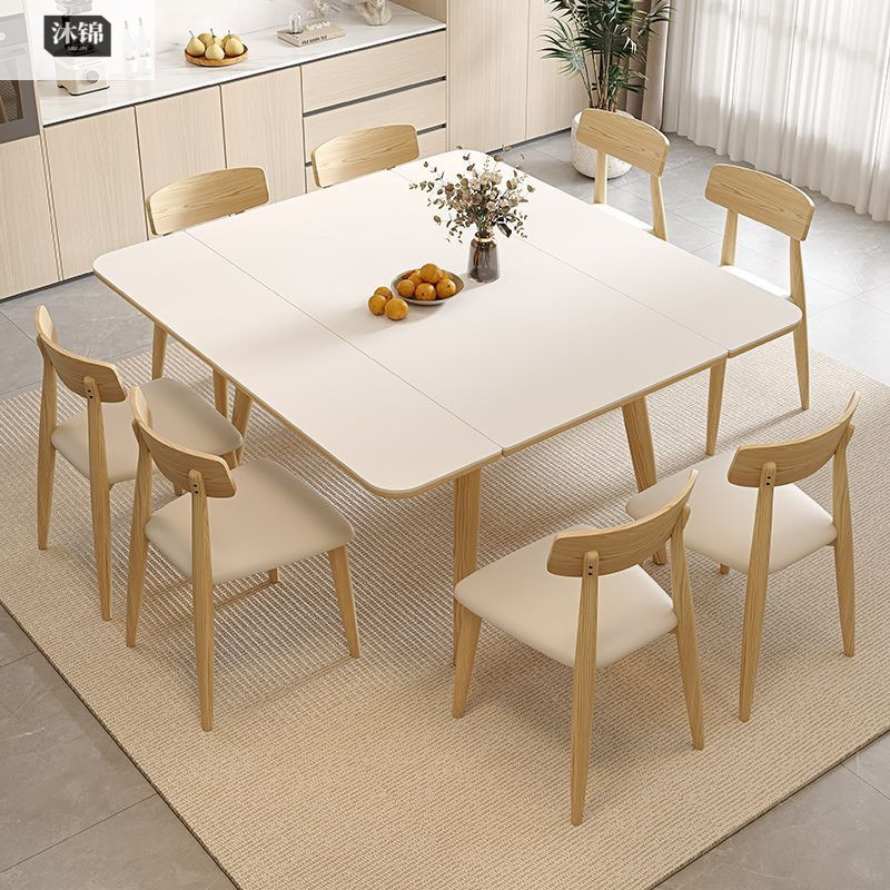 Solid Wood Slate Dining Table and Chair Combination Dual-Purpose Rectangular 2025 New Simple Variable Square Table Foldableing Telescopic Dining Table