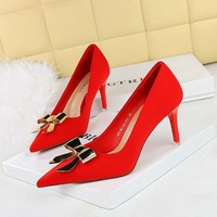 18249-AK68 Korean style fashionable banquet women's shoes with thin heels, high heels, silk, shallow mouth, pointed metal bow, single shoe