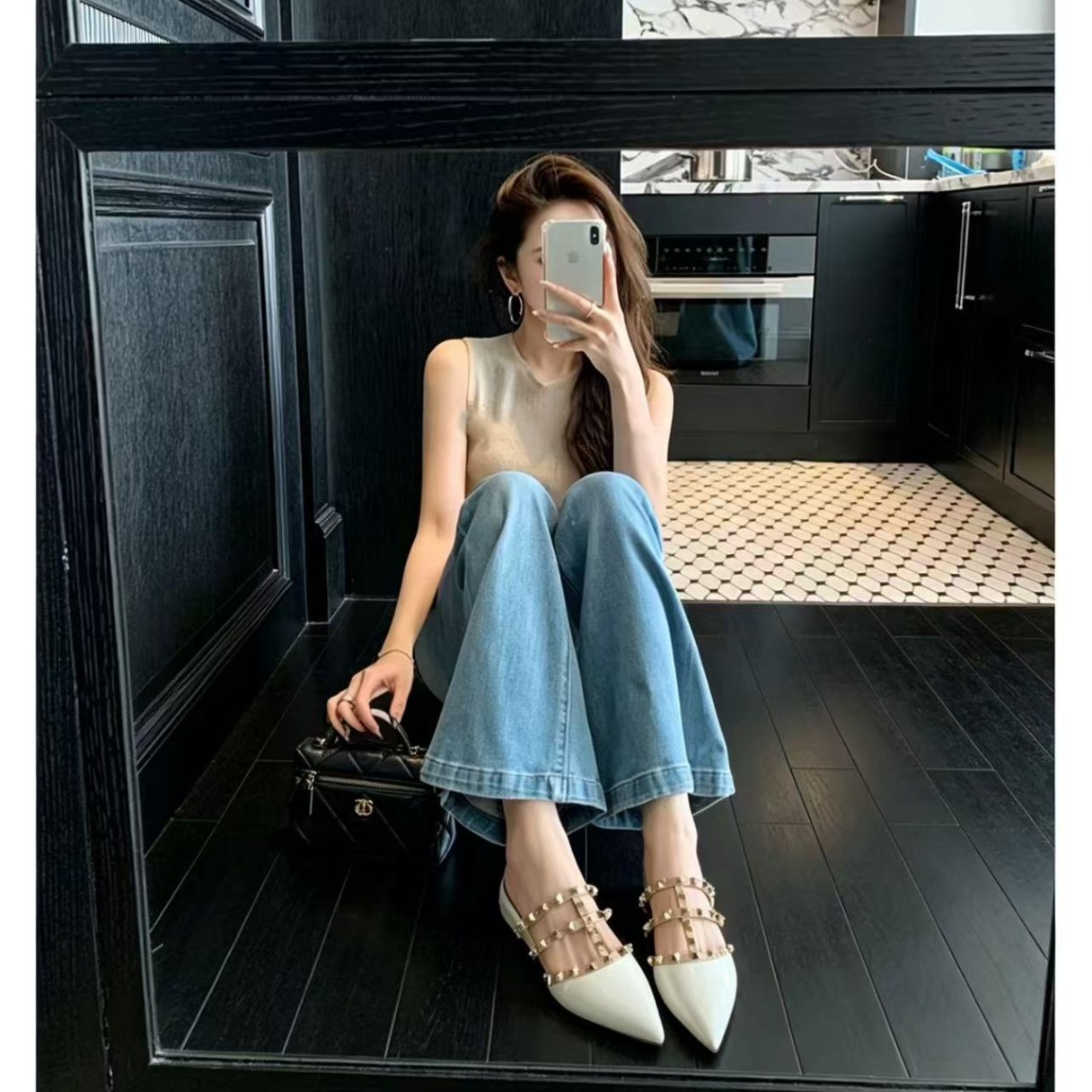 Women's universal shoes pointed-toe with studs wedge heel nude for…