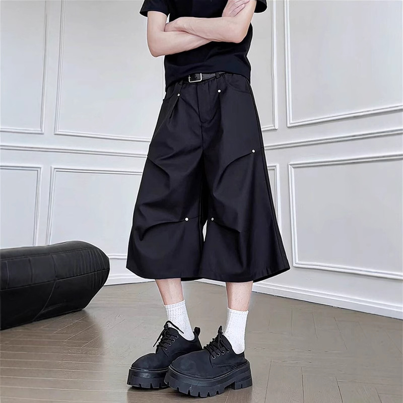 Black Rivet Pleated Scimitar Shorts Men's Summer Loose Cool Paratrooper Pants Cleanfit Wide-Leg Cropped Pants