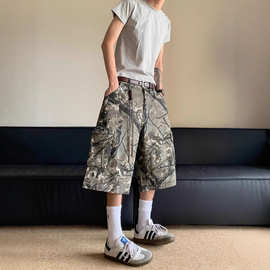 夏季美式休闲痞帅高端重磅迷彩工装短裤男宽松大码五分裤子潮