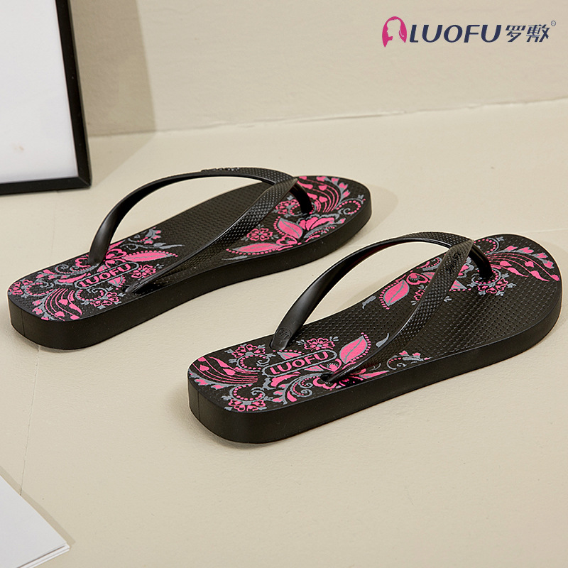 Rofu flip flops de las mujeres elegante nuevo verano al aire libre flip-flops antideslizante moda Zapatos de tacón de playa plano Negro
