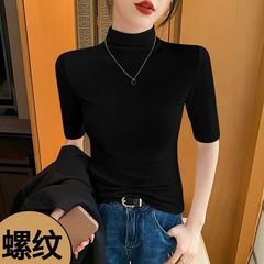 2025新款精致五分袖纯色螺纹T恤上衣洋气百搭半高领磨毛打底衫女