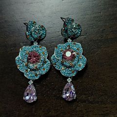 新款耳环锆石耳坠银针重工优雅水滴玫瑰蓝绿耳钉银针闪耀个性百搭