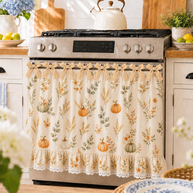 Farmhouse-style pumpkin print ruffled kitchen cabinet short curtain, cross-border dropshipping soft decor