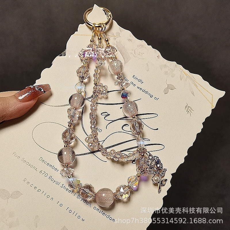 轻奢高级感水晶手机链时尚花朵吊坠串珠双链手机挂绳精品手提挂链|undefined