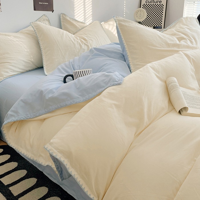 Otoño y invierno de algodón lavado con agua cuatro piezas de sábanas de cama, sábanas de cama, lujo ligero, 2025 nuevo dormitorio estudiantil de tres piezas