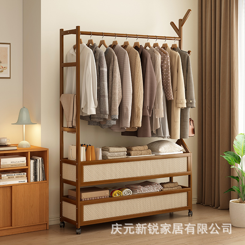 Household Floor-Standing Clothes Rack for Bedroom, Non-Solid Wood Room Clothes and Hat Rack, Simple Vintage Clothes Rack with Storage
