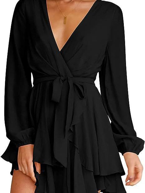 Foreign Trade Amazon Women's dress Deep V-neck Long Sleeve Waist Lace-up Pleated Mini Elegant dress Dress Foreign Trade Amazon Women's dress Deep V-neck Long Sleeve Waist Lace-up Pleated Mini Elegant dress Dress