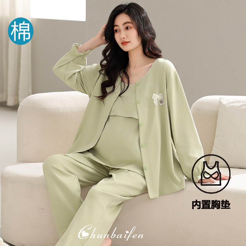 Moon Clothing Summer Thin Pure Cotton Postpartum Mother Pajamas Long Sleeve Breast-feeding suit Three-piece Set with Chest Pad