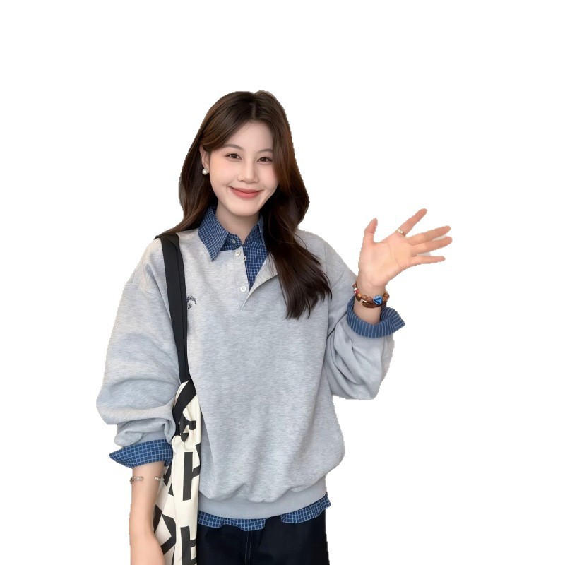 韩版减龄假两件格纹领撞色卫衣女秋冬新款设计感小众上衣|undefined