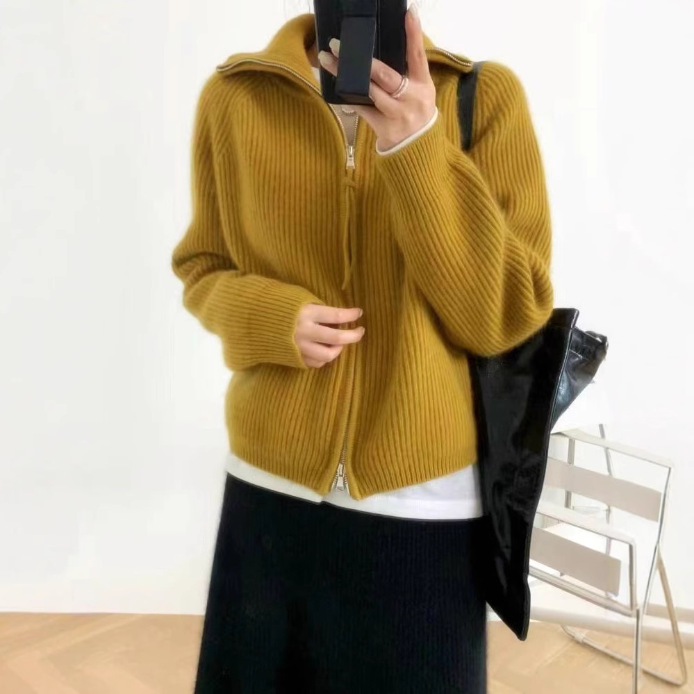 秋冬厚手ハイネックウールセーター、ダブルジッパーカーディガン、無地ストライプコート、レディースカシミヤ、上品通勤スタイル
