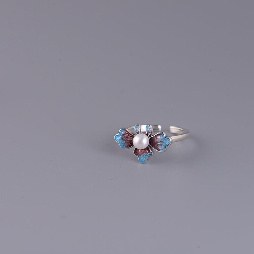 Peony Flower Ring S925 Silver Retro Women's Fashion Ethnic Style Enamel Set with Pearl Open Adjustable Ring