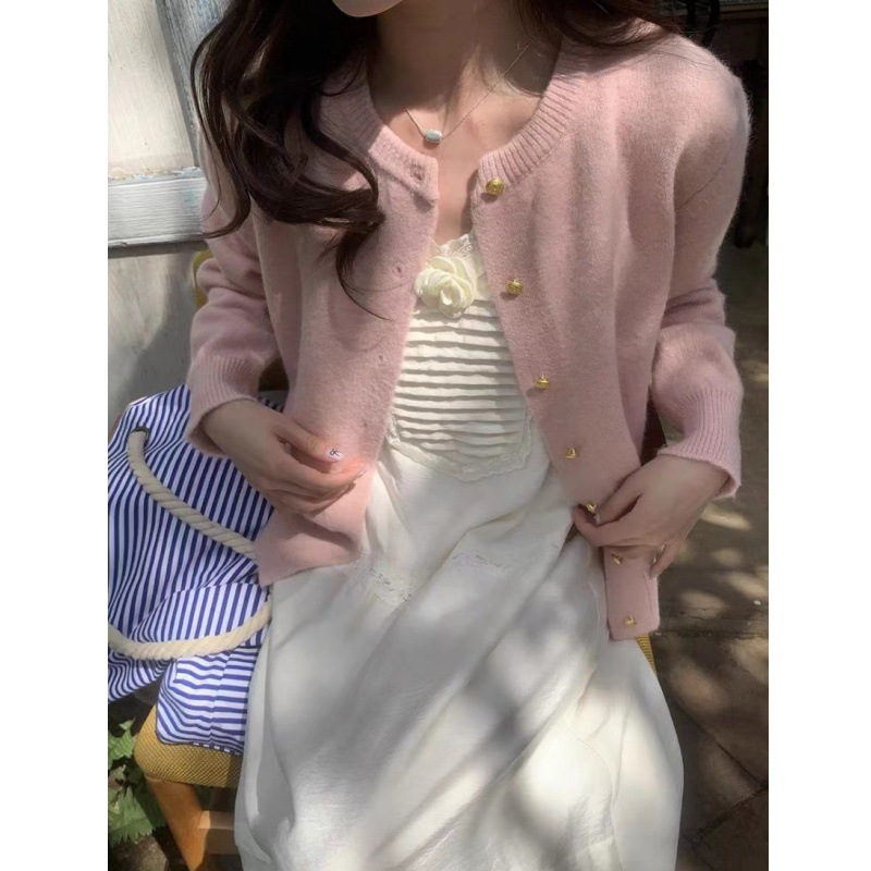 New Egg! Korean-Style High-Quality 12-Color Women's Candy-Colored Gold-Button Basic Round-Neck Knitted Cardigan