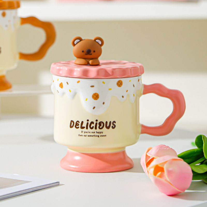 Caricatura dulce oso galletas tazas de cerámica con tapa de alta calidad de la oficina taza de agua regalo de mano taza de regalo