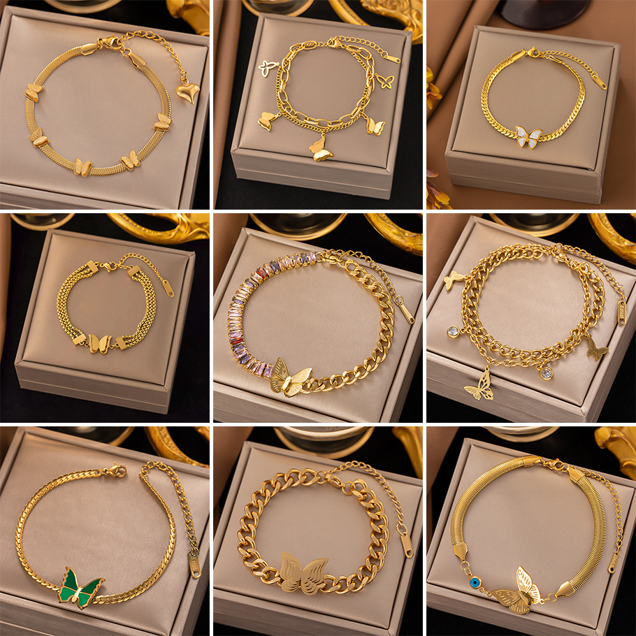 18g Weight 0.03µm-0.05µm Gold Plating Thickness PVD Coated Real Gold Plated Butterfly Titanium Steel Elegant Streetwear Waterproof Non Tarnish Bracelets