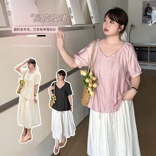 含羊毛系带微皱肌理感雪纺衫夏季新款胖mm清新宽松上衣222109