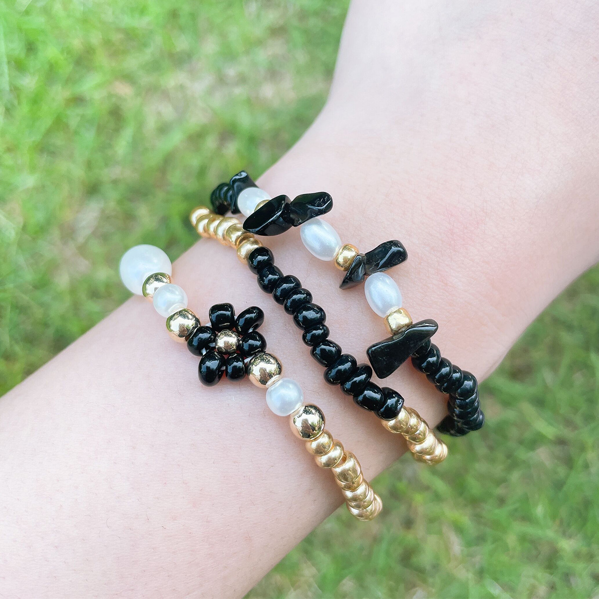 Twin Wind Flowers Beaded Plastic/Resin No Inlaid Bracelets Jewelry 3 Pieces